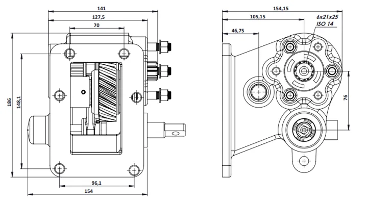 CTM 185 BE PTO teknik çizimi — kesit, ölçü ve montaj şeması