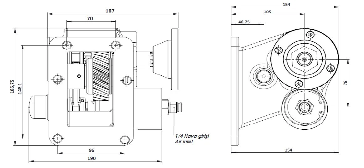 CTM 185 BD KV PTO teknik çizimi — kesit, ölçü ve montaj şeması