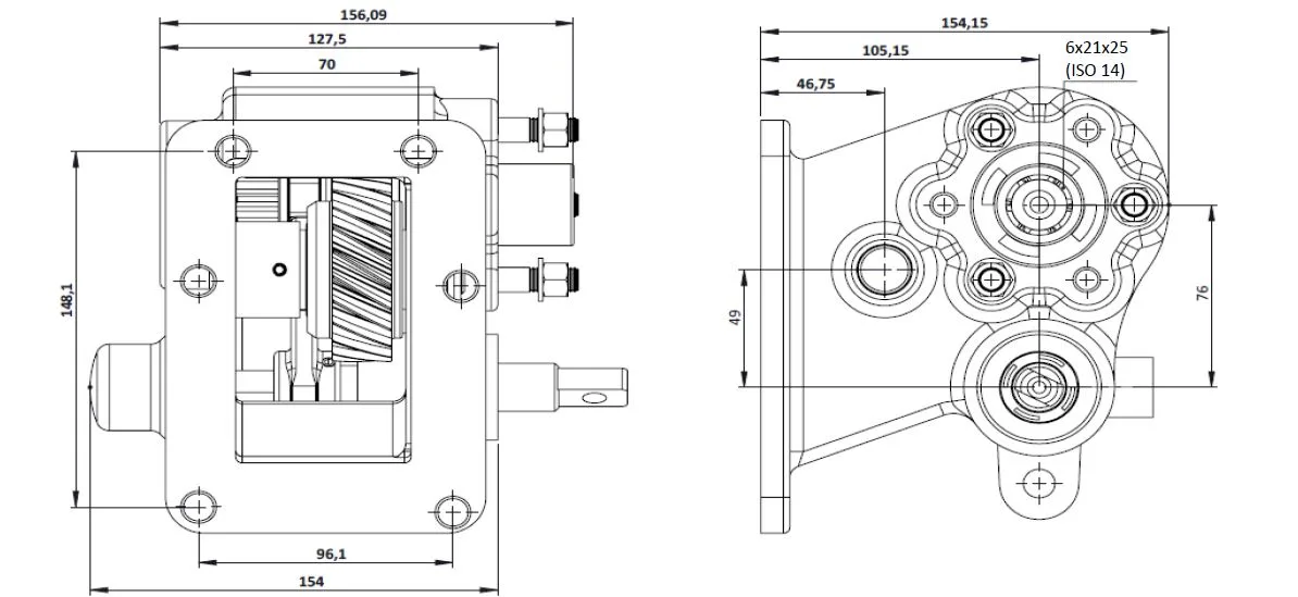 CTM 185 BC2 PTO teknik çizimi — kesit, ölçü ve montaj şeması