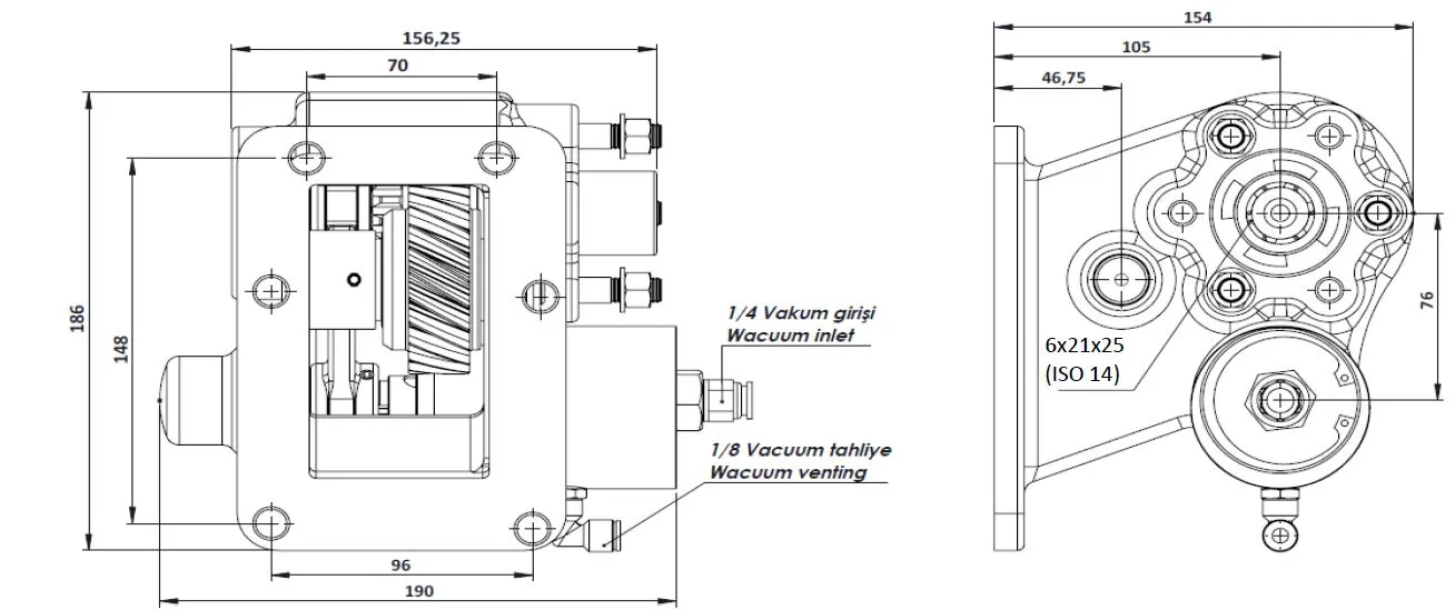 CTM 185 BC2 KV PTO teknik çizimi — kesit, ölçü ve montaj şeması
