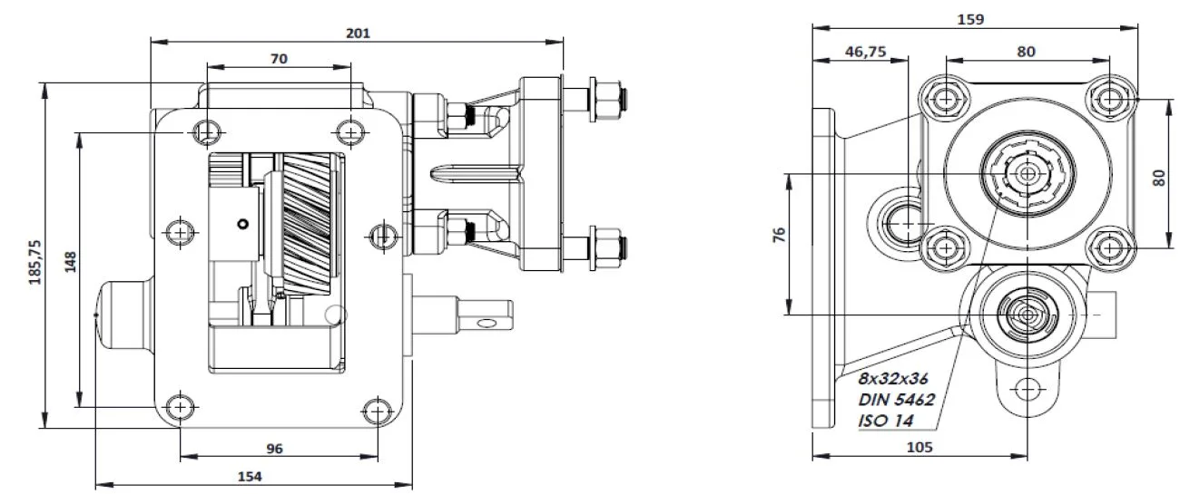 CTM 185 BC1 PTO teknik çizimi — kesit, ölçü ve montaj şeması