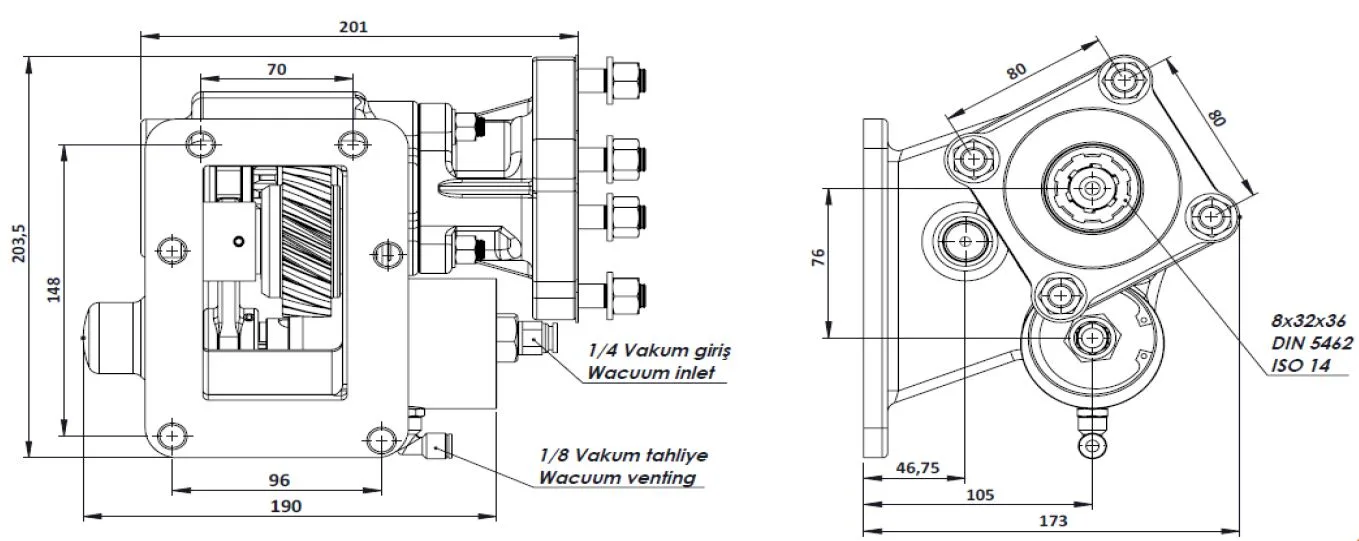 CTM 185 BC1 KV PTO teknik çizimi — kesit, ölçü ve montaj şeması