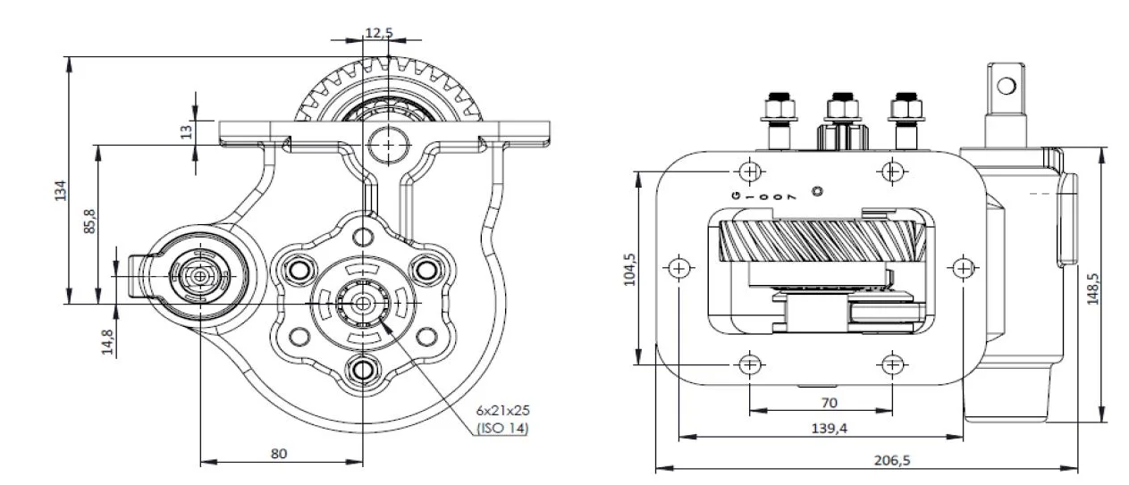 CTM 187 BE PTO teknik çizimi — kesit, ölçü ve montaj şeması