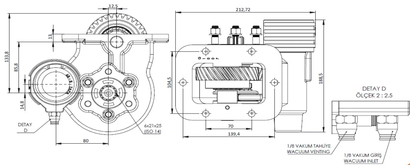CTM 187 BE KV PTO teknik çizimi — kesit, ölçü ve montaj şeması