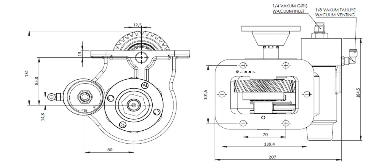 CTM 187 BD KV PTO teknik çizimi — kesit, ölçü ve montaj şeması