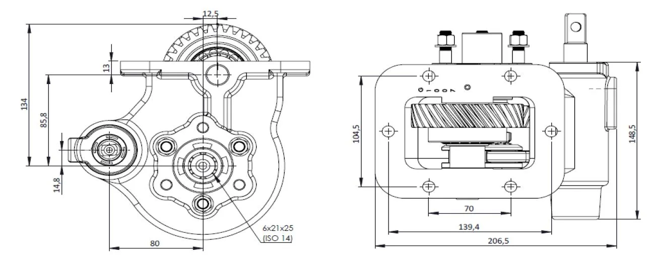CTM 187 BC2 PTO teknik çizimi — kesit, ölçü ve montaj şeması
