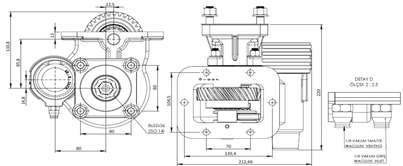 CTM 187 BC1 KV PTO teknik çizimi — kesit, ölçü ve montaj şeması