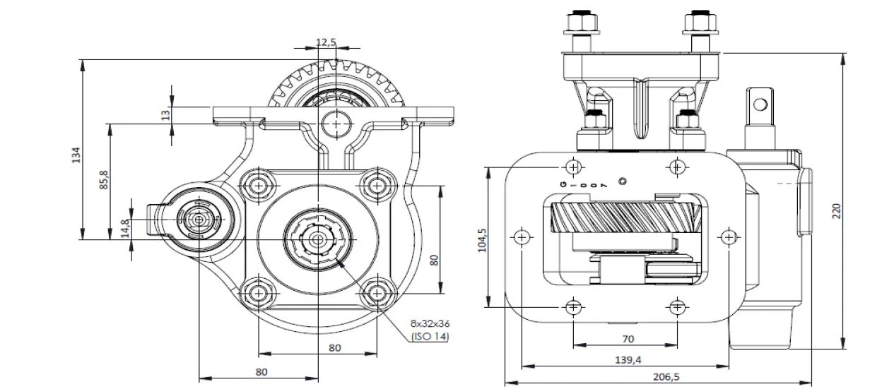 CTM 187 BC1 PTO teknik çizimi — kesit, ölçü ve montaj şeması