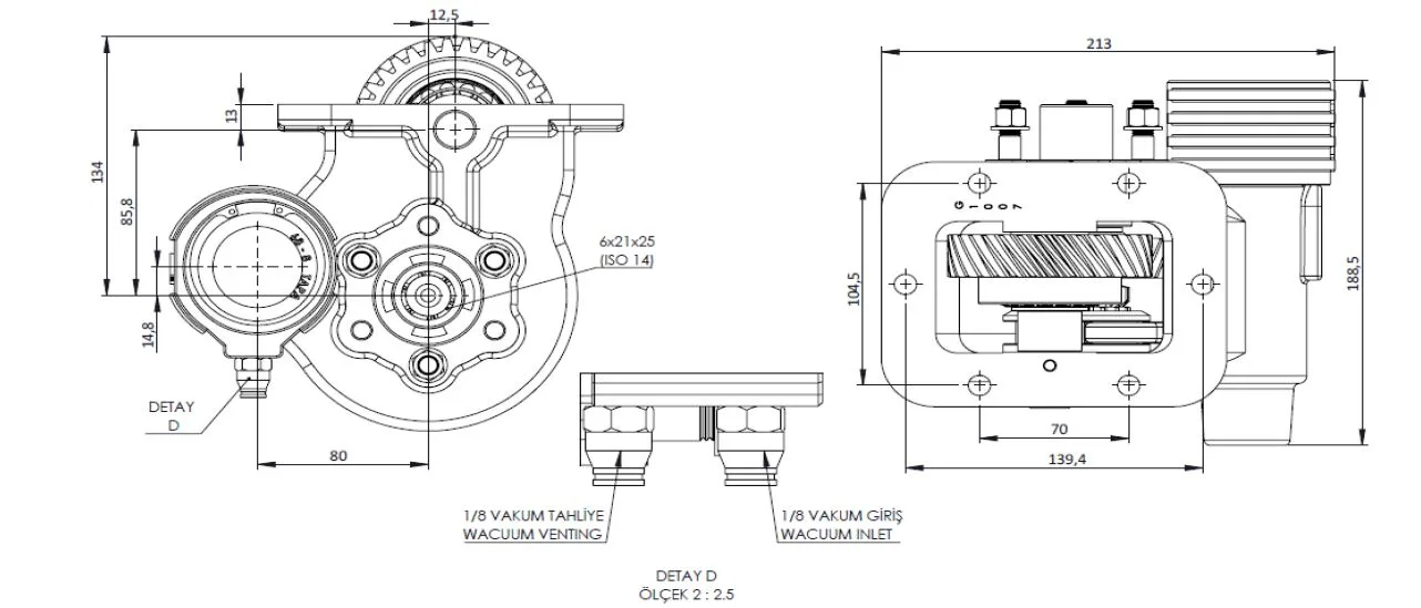 CTM 187 BC2 KV PTO teknik çizimi — kesit, ölçü ve montaj şeması