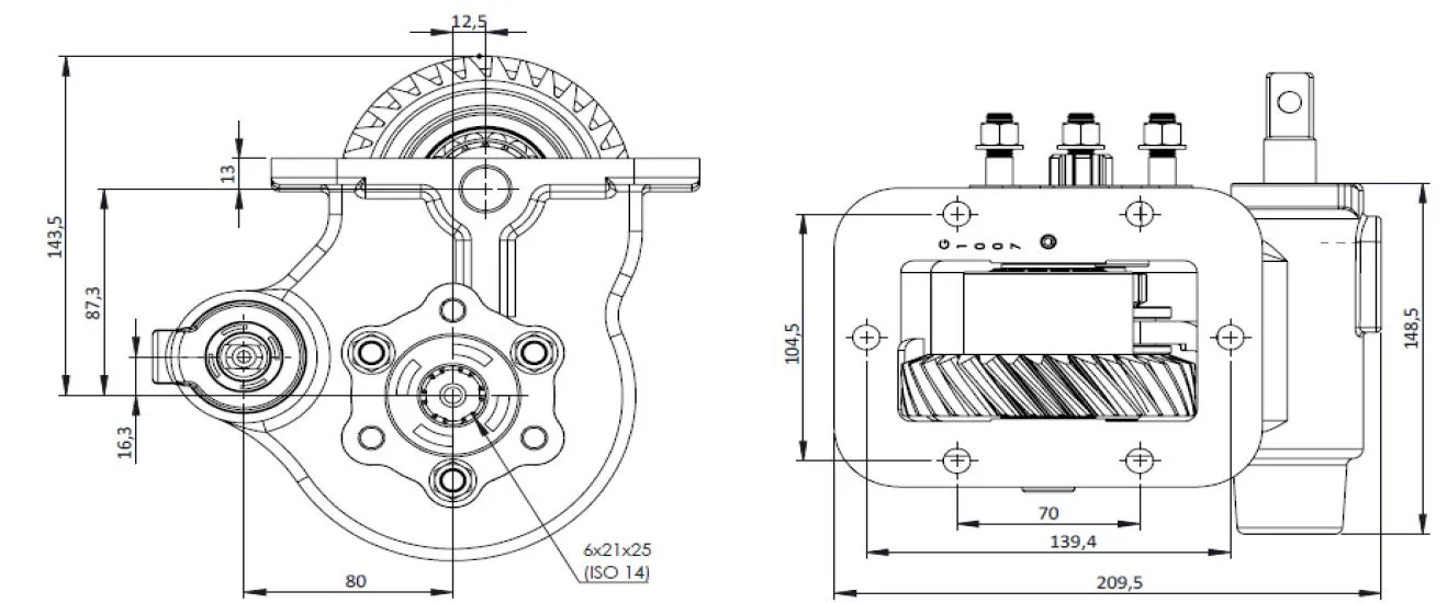 CTM 189 BE PTO teknik çizimi — kesit, ölçü ve montaj şeması