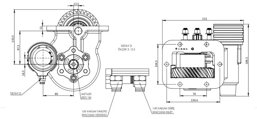 CTM 189 BE KV PTO teknik çizimi — kesit, ölçü ve montaj şeması
