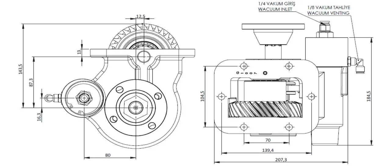 CTM 189 BD KV PTO teknik çizimi — kesit, ölçü ve montaj şeması