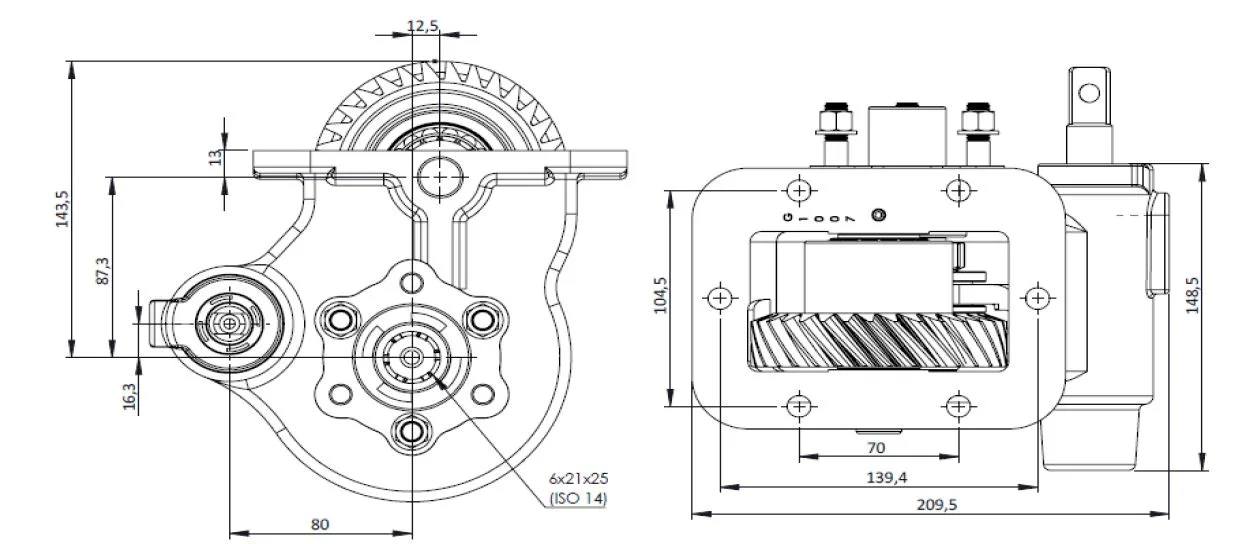 CTM 189 BC2 PTO teknik çizimi — kesit, ölçü ve montaj şeması