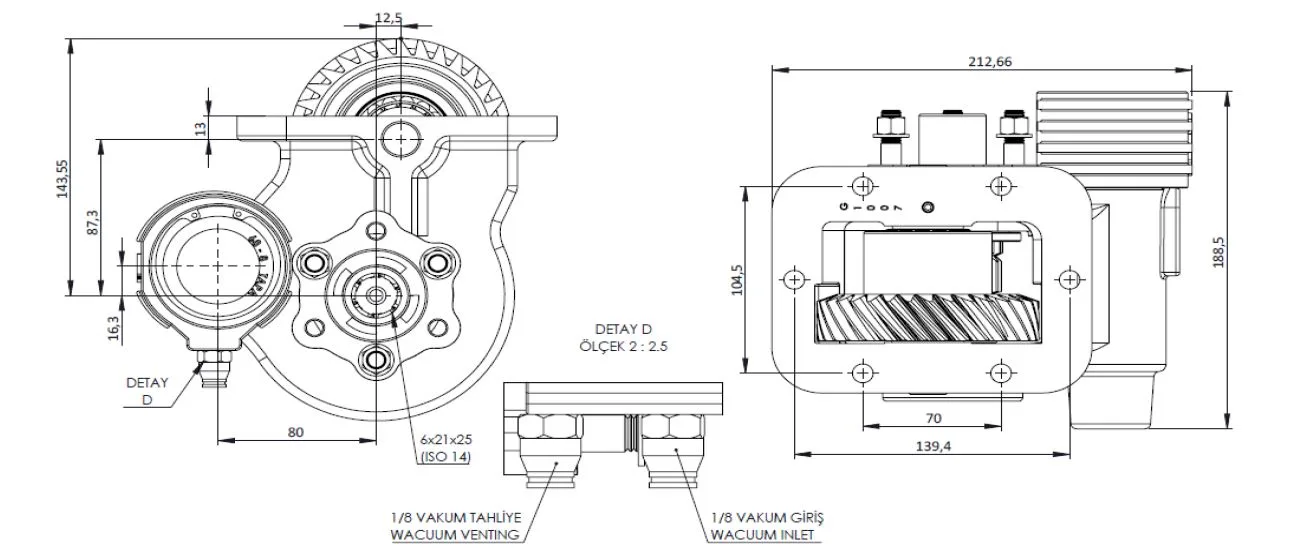 CTM 189 BC2 KV PTO teknik çizimi — kesit, ölçü ve montaj şeması