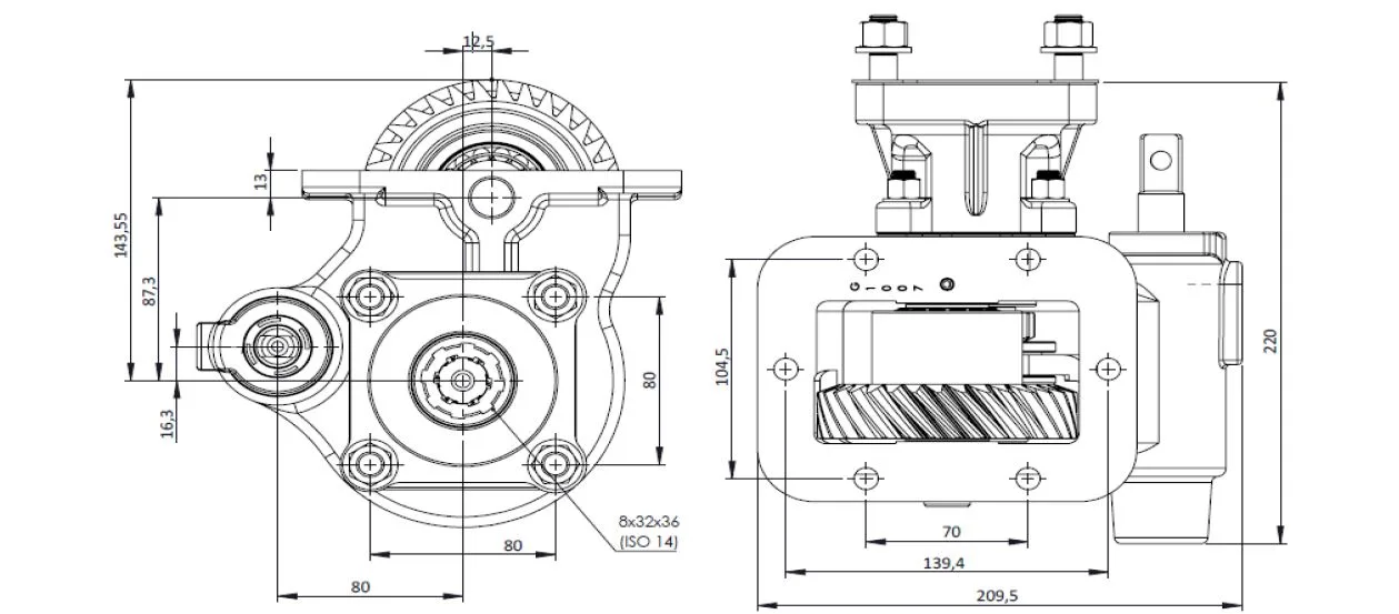 CTM 189 BC1 PTO teknik çizimi — kesit, ölçü ve montaj şeması