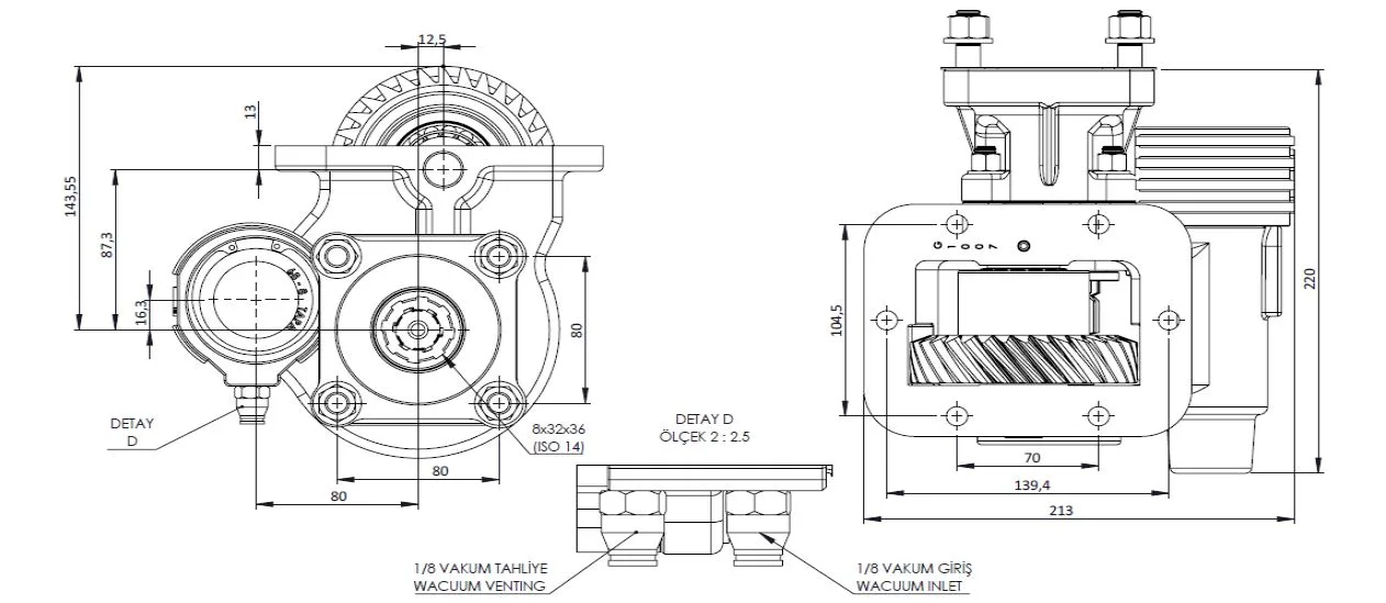CTM 189 BC1 KV PTO teknik çizimi — kesit, ölçü ve montaj şeması