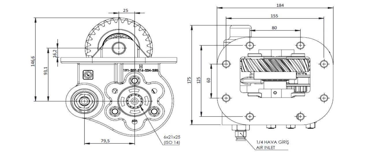 CTM 191 AE PTO teknik çizimi — kesit, ölçü ve montaj şeması