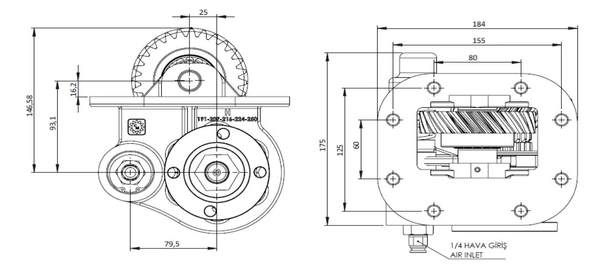 CTM 191 AD PTO teknik çizimi — kesit, ölçü ve montaj şeması