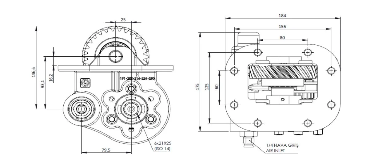 CTM 191 AC2 PTO teknik çizimi — kesit, ölçü ve montaj şeması
