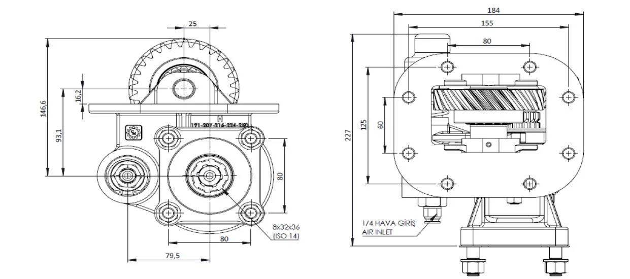 CTM 191 AC1 PTO teknik çizimi — kesit, ölçü ve montaj şeması