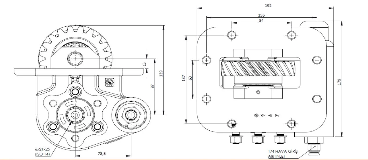 CTM 193 AE PTO teknik çizimi — kesit, ölçü ve montaj şeması