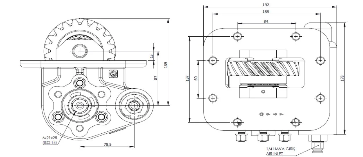 CTM 193 AC2 PTO teknik çizimi — kesit, ölçü ve montaj şeması