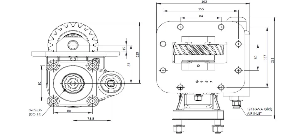 CTM 193 AC1 PTO teknik çizimi — kesit, ölçü ve montaj şeması