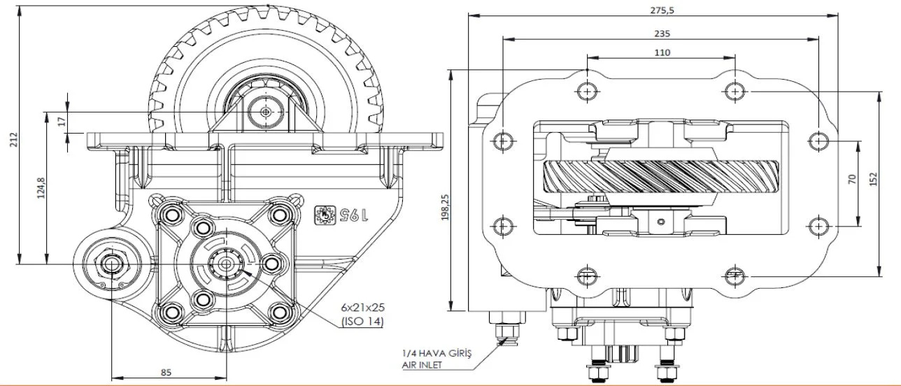 CTM 195 AE PTO teknik çizimi — kesit, ölçü ve montaj şeması