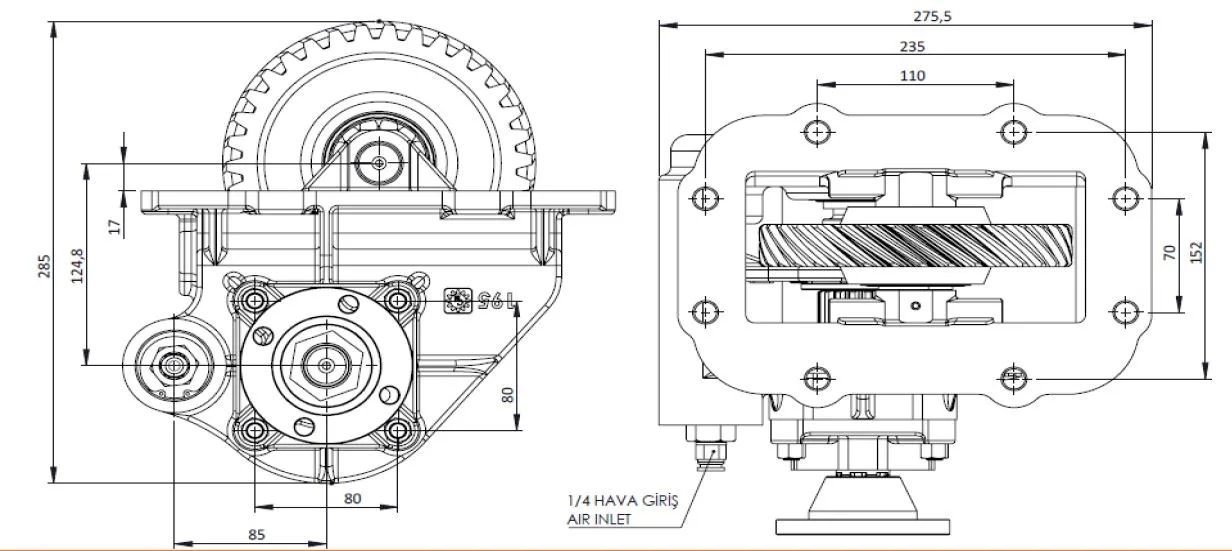 CTM 195 AD PTO teknik çizimi — kesit, ölçü ve montaj şeması