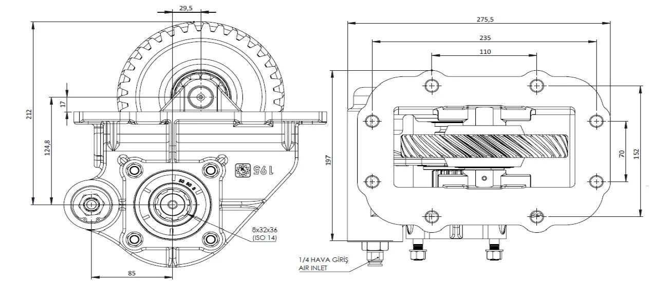 CTM 195 A1 PTO teknik çizimi — kesit, ölçü ve montaj şeması