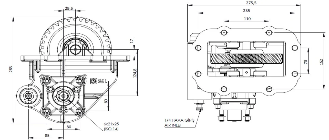 CTM 195 AC2 PTO teknik çizimi — kesit, ölçü ve montaj şeması