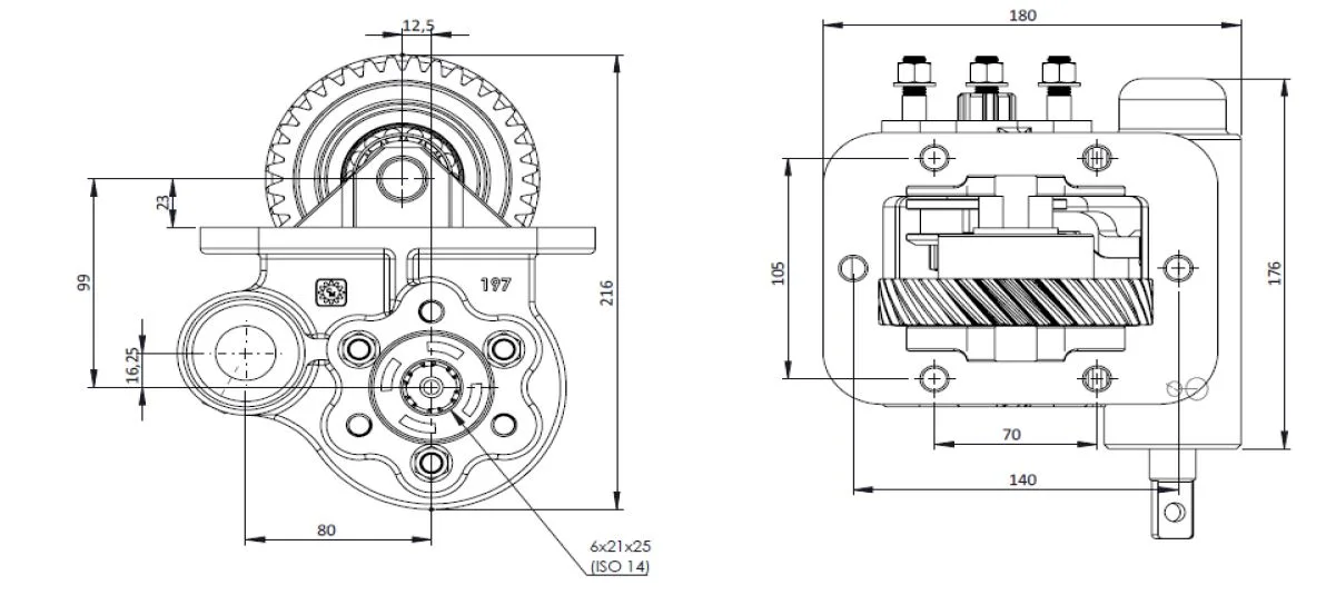 CTM 197 BE PTO teknik çizimi — kesit, ölçü ve montaj şeması