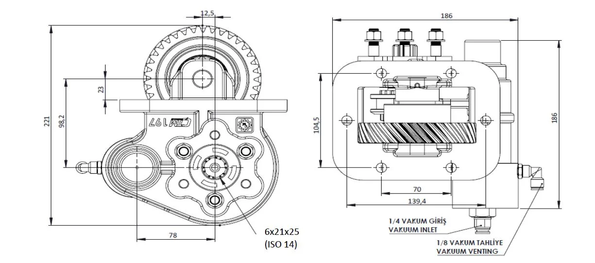 CTM 197 BE KV PTO teknik çizimi — kesit, ölçü ve montaj şeması