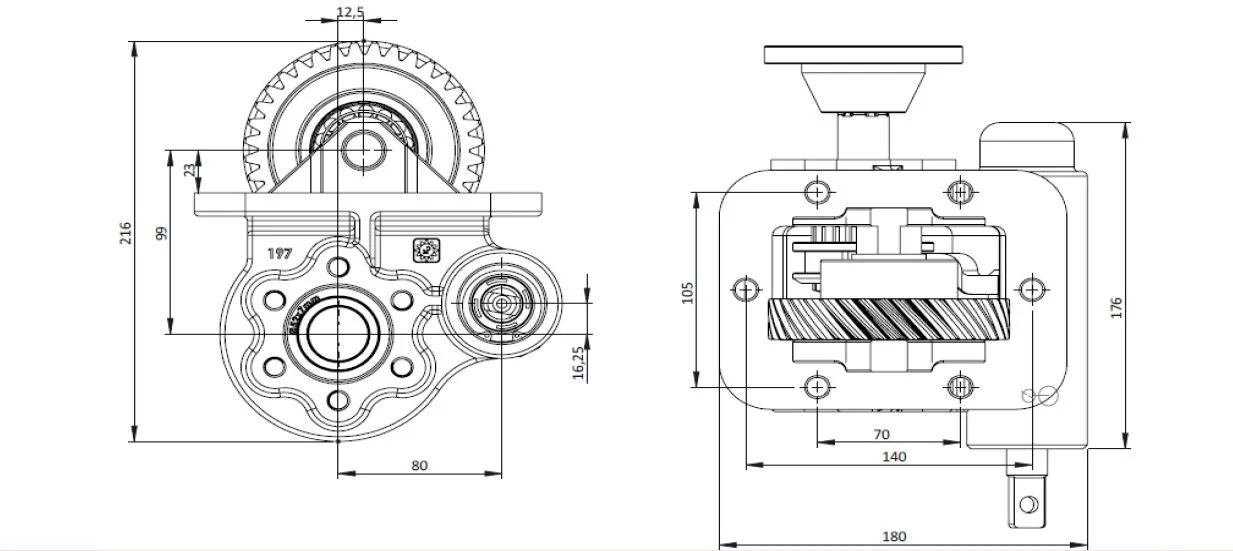 CTM 197 BD PTO teknik çizimi — kesit, ölçü ve montaj şeması