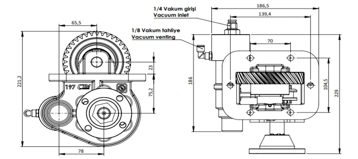 CTM 197 BD KV PTO teknik çizimi — kesit, ölçü ve montaj şeması