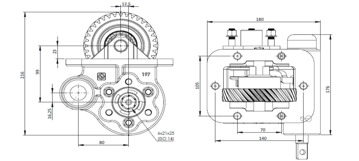 CTM 197 BC2 PTO teknik çizimi — kesit, ölçü ve montaj şeması