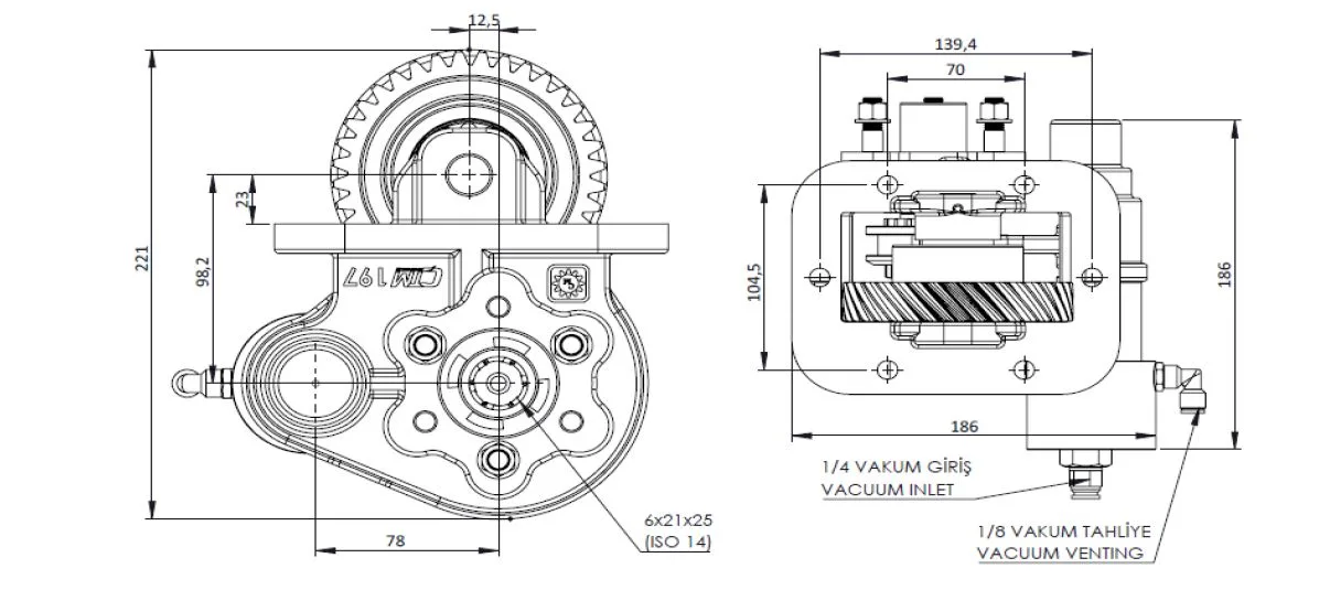CTM 197 BC2 KV PTO teknik çizimi — kesit, ölçü ve montaj şeması