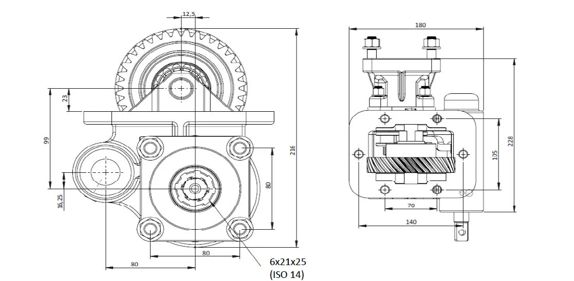 CTM 197 BC1 PTO teknik çizimi — kesit, ölçü ve montaj şeması