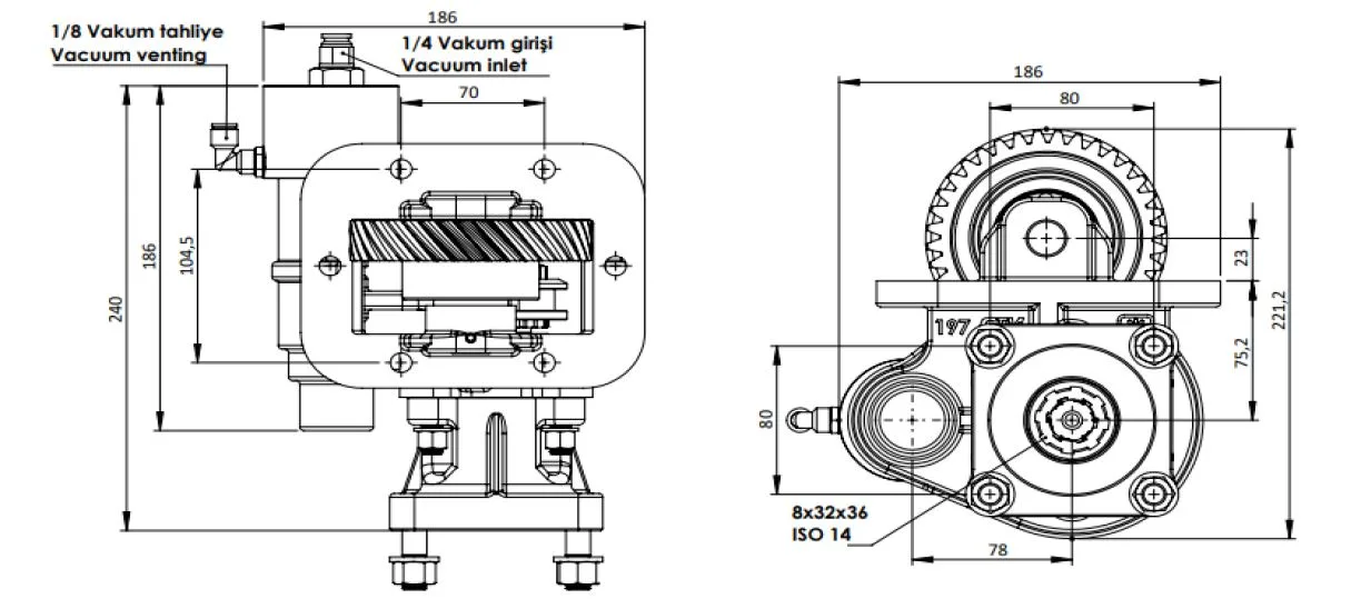 CTM 197 BC1 KV PTO teknik çizimi — kesit, ölçü ve montaj şeması