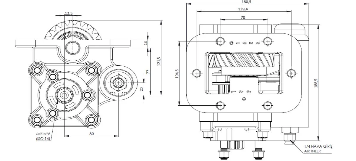 CTM 199 AE PTO teknik çizimi — kesit, ölçü ve montaj şeması