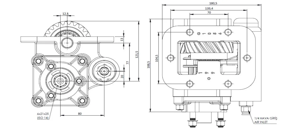 CTM 199 AC2 PTO teknik çizimi — kesit, ölçü ve montaj şeması