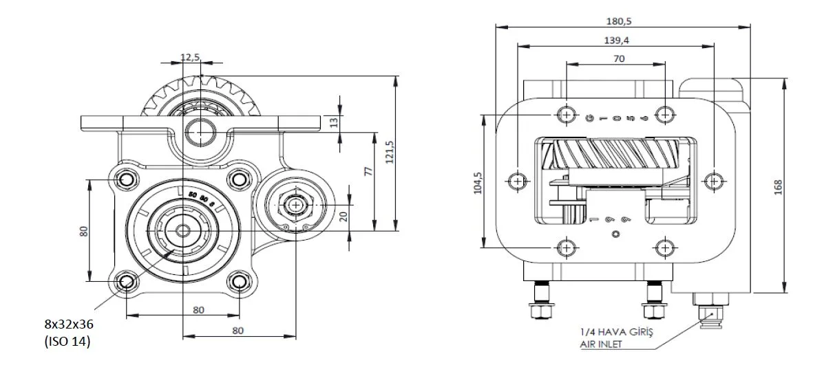 CTM 199 A1 PTO teknik çizimi — kesit, ölçü ve montaj şeması