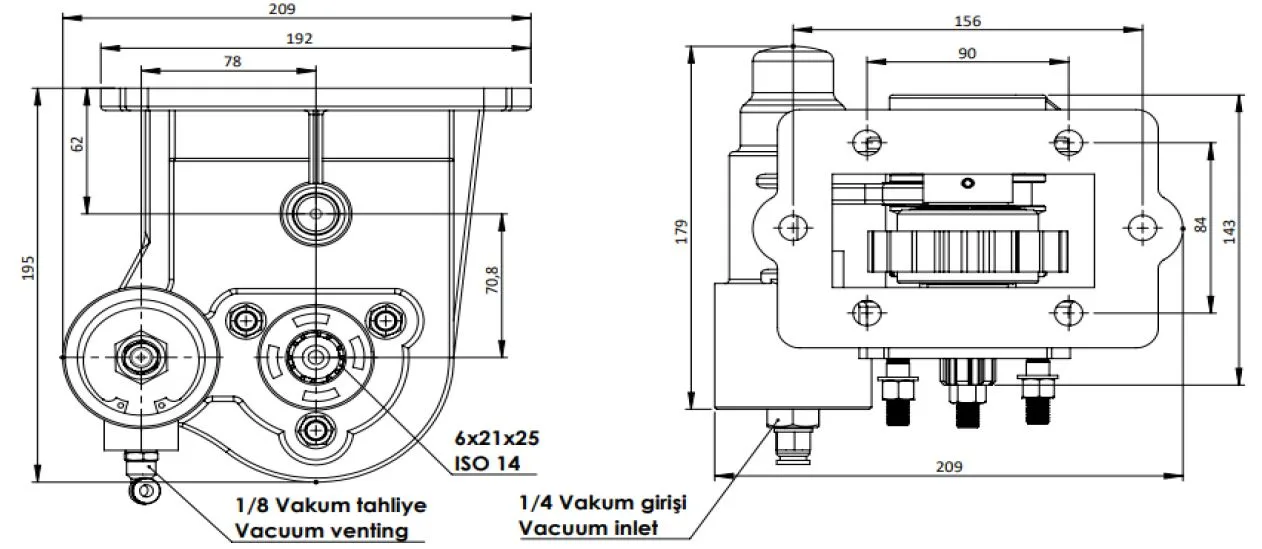 CTM 202 AE PTO teknik çizimi — kesit, ölçü ve montaj şeması