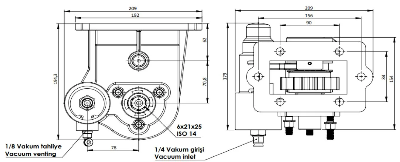 CTM 202 AC2 PTO teknik çizimi — kesit, ölçü ve montaj şeması
