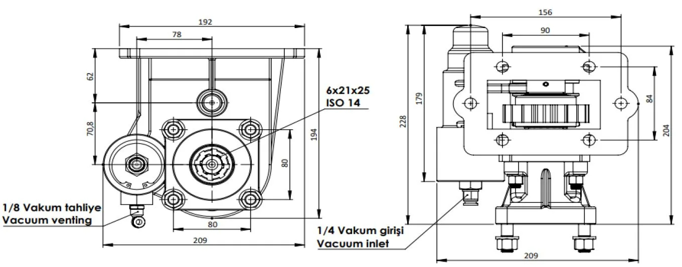CTM 202 AC1 PTO teknik çizimi — kesit, ölçü ve montaj şeması