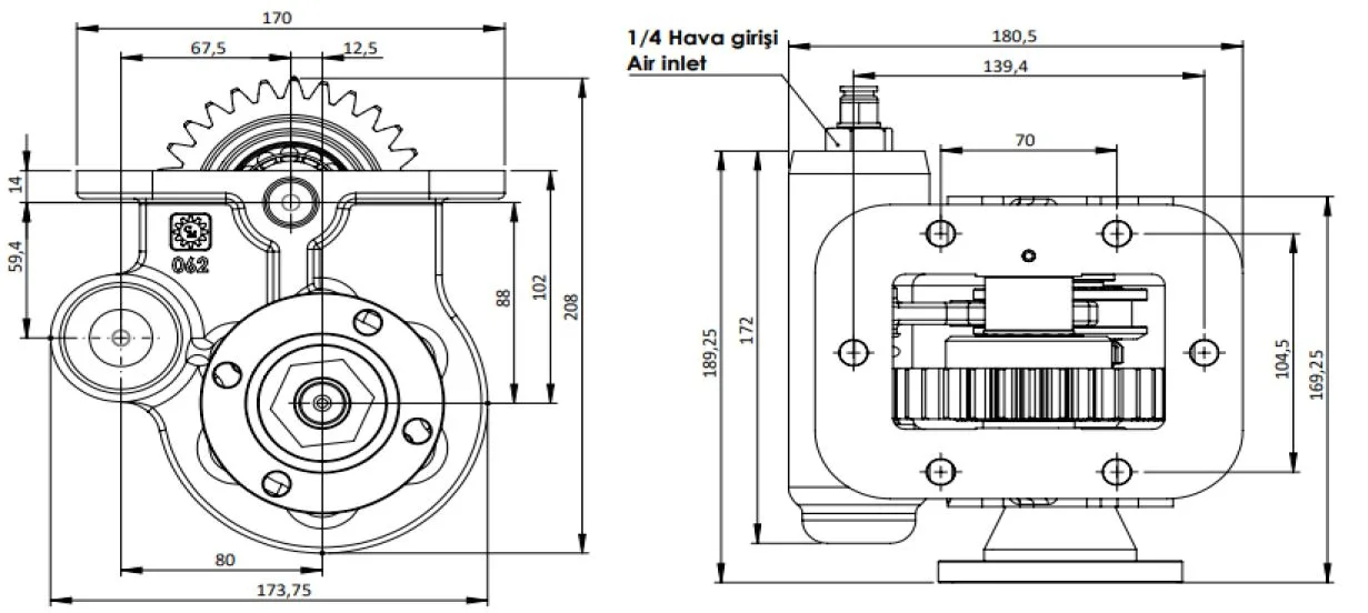 CTM 204 AD PTO teknik çizimi — kesit, ölçü ve montaj şeması