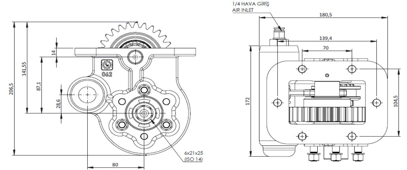 CTM 204 AC2 PTO teknik çizimi — kesit, ölçü ve montaj şeması