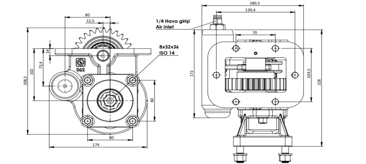 CTM 204 AC1 PTO teknik çizimi — kesit, ölçü ve montaj şeması