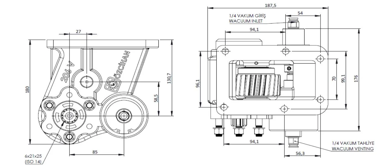 CTM 206 BE KV PTO teknik çizimi — kesit, ölçü ve montaj şeması