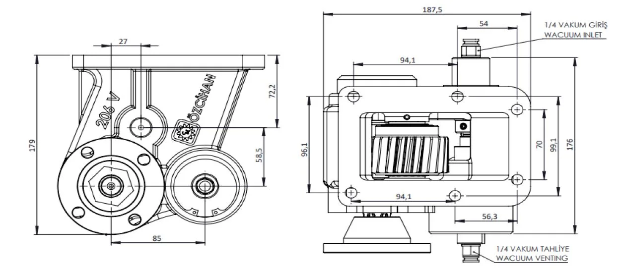 CTM 206 BD KV PTO teknik çizimi — kesit, ölçü ve montaj şeması